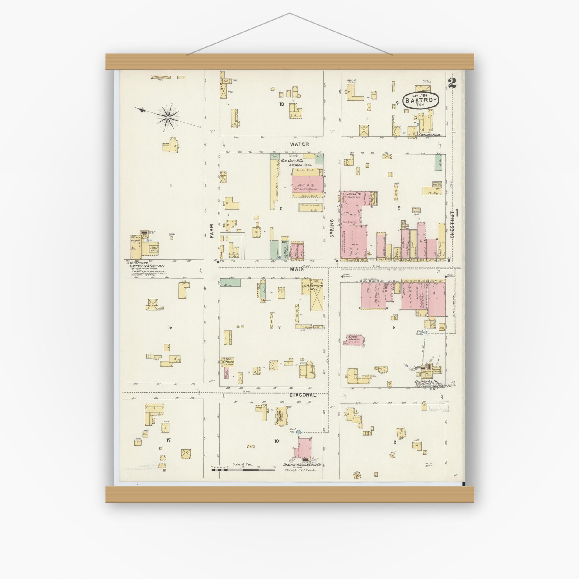 Old map wall art mockup — magnetic wood frame on white wall — Sanborn Fire Insurance Map from Bastrop, Bastrop County, Texas (1896), Sheet #0002
