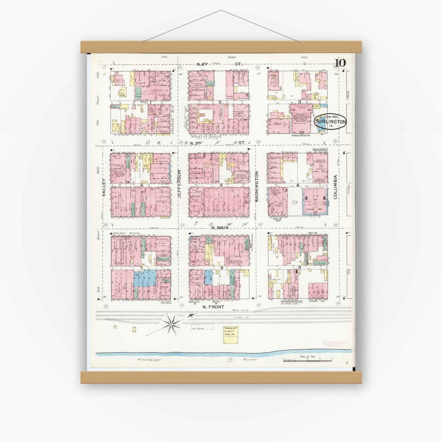 Old map wall art mockup — magnetic wood frame on white wall — Sanborn Fire Insurance Map from Burlington, Des Moines County, Iowa (1892), Sheet #0010