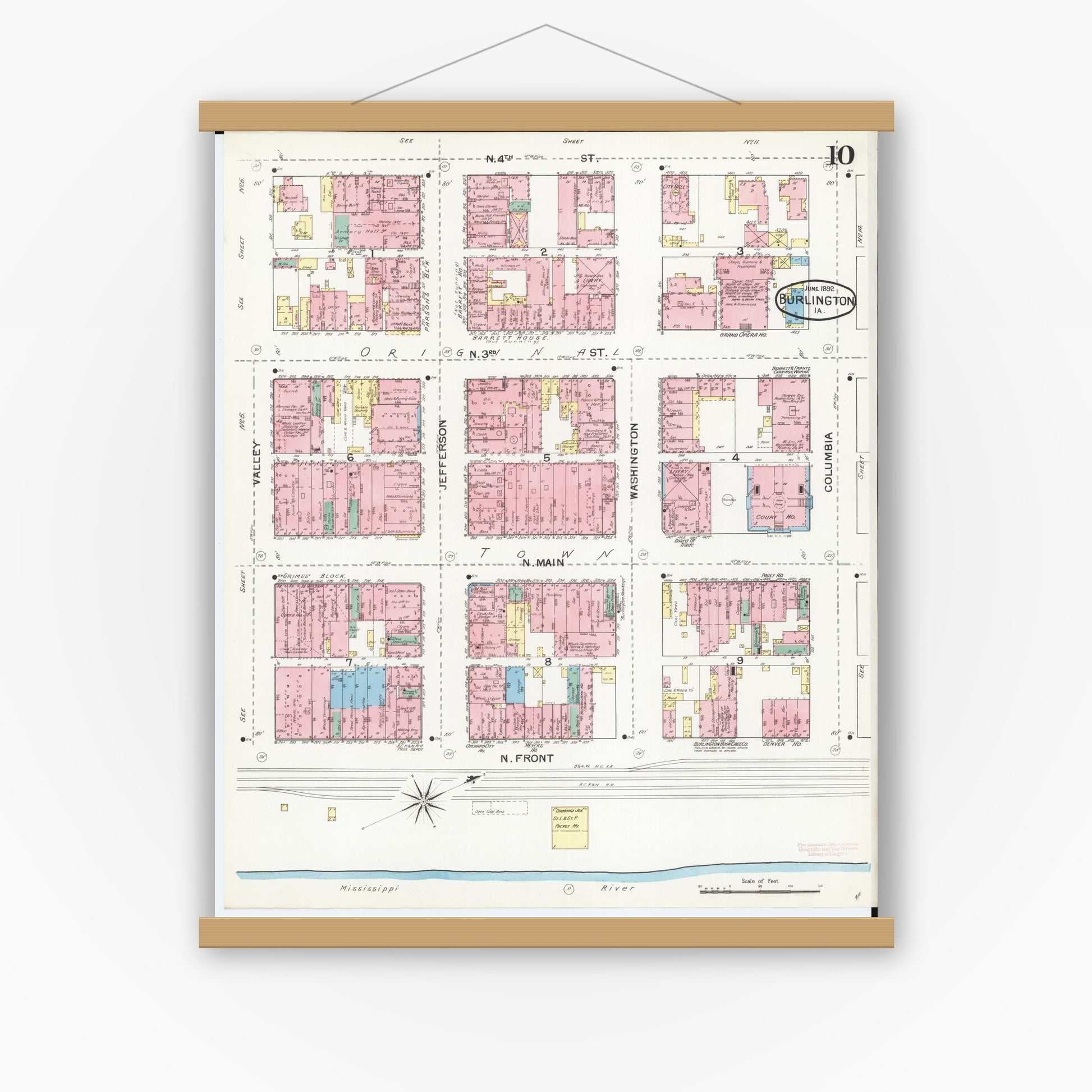 Old map wall art mockup — magnetic wood frame on white wall — Sanborn Fire Insurance Map from Burlington, Des Moines County, Iowa (1892), Sheet #0010