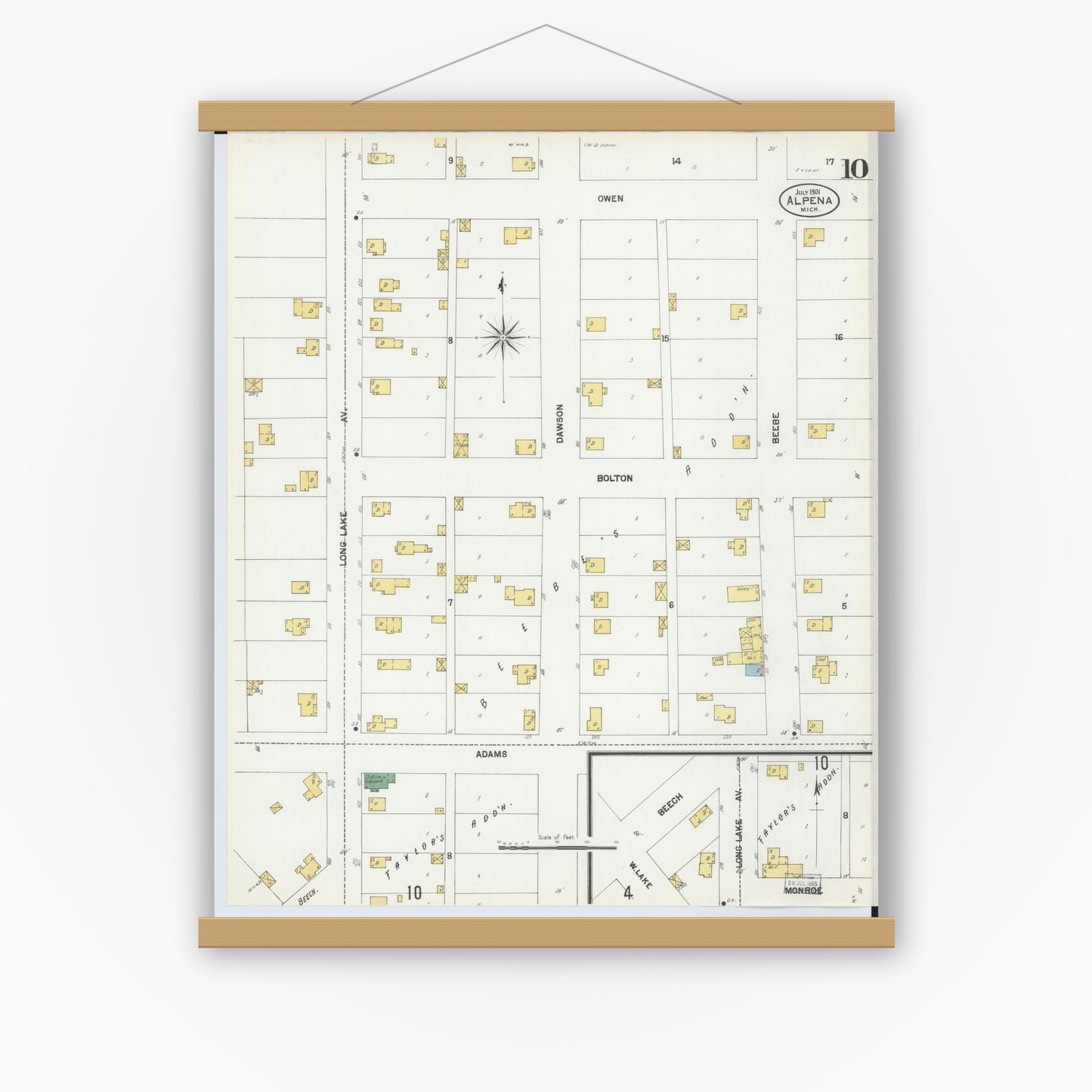 Old map wall art mockup — magnetic wood frame on white wall — Sanborn Fire Insurance Map from Alpena, Alpena County, Michigan (1901), Sheet #0010