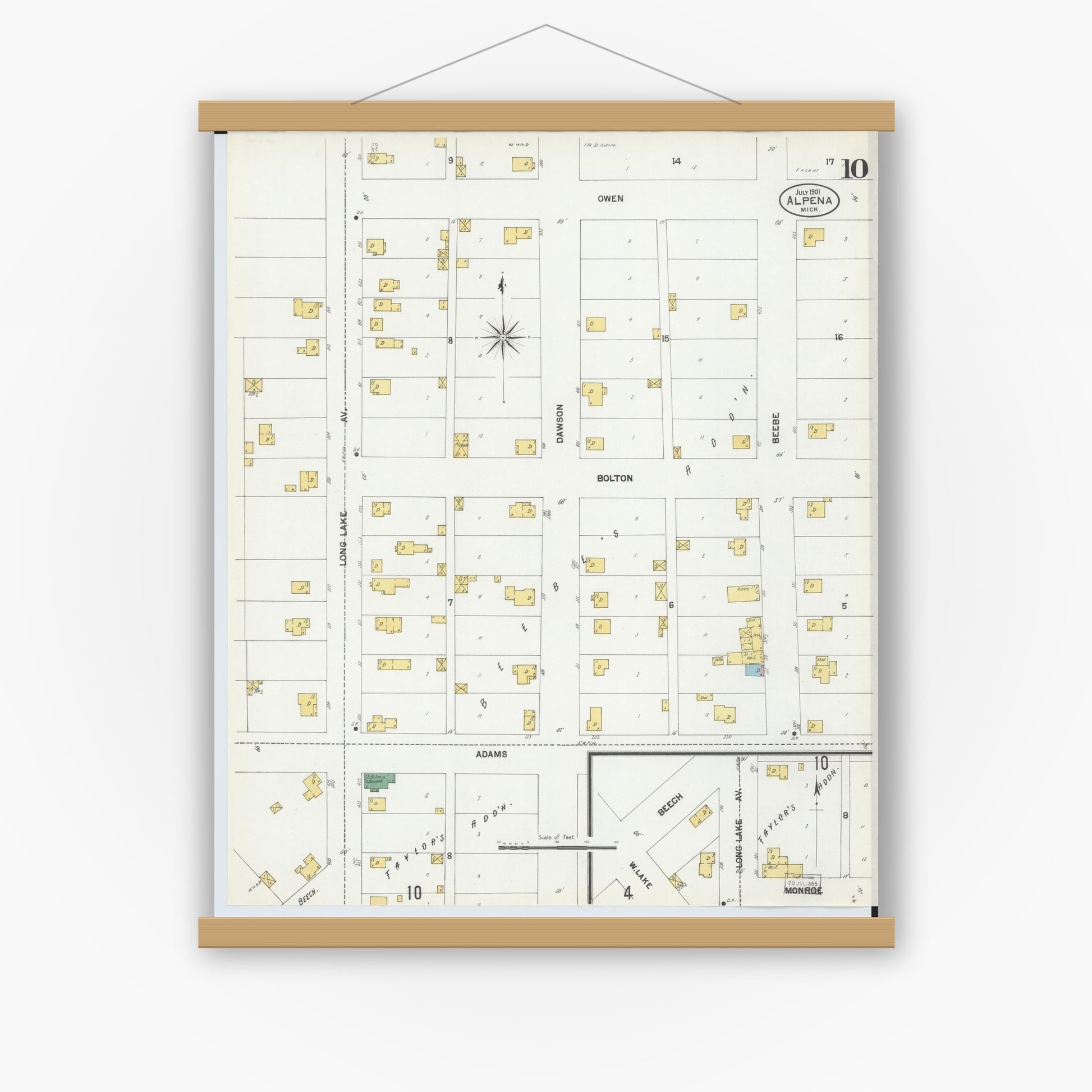 Old map wall art mockup — magnetic wood frame on white wall — Sanborn Fire Insurance Map from Alpena, Alpena County, Michigan (1901), Sheet #0010