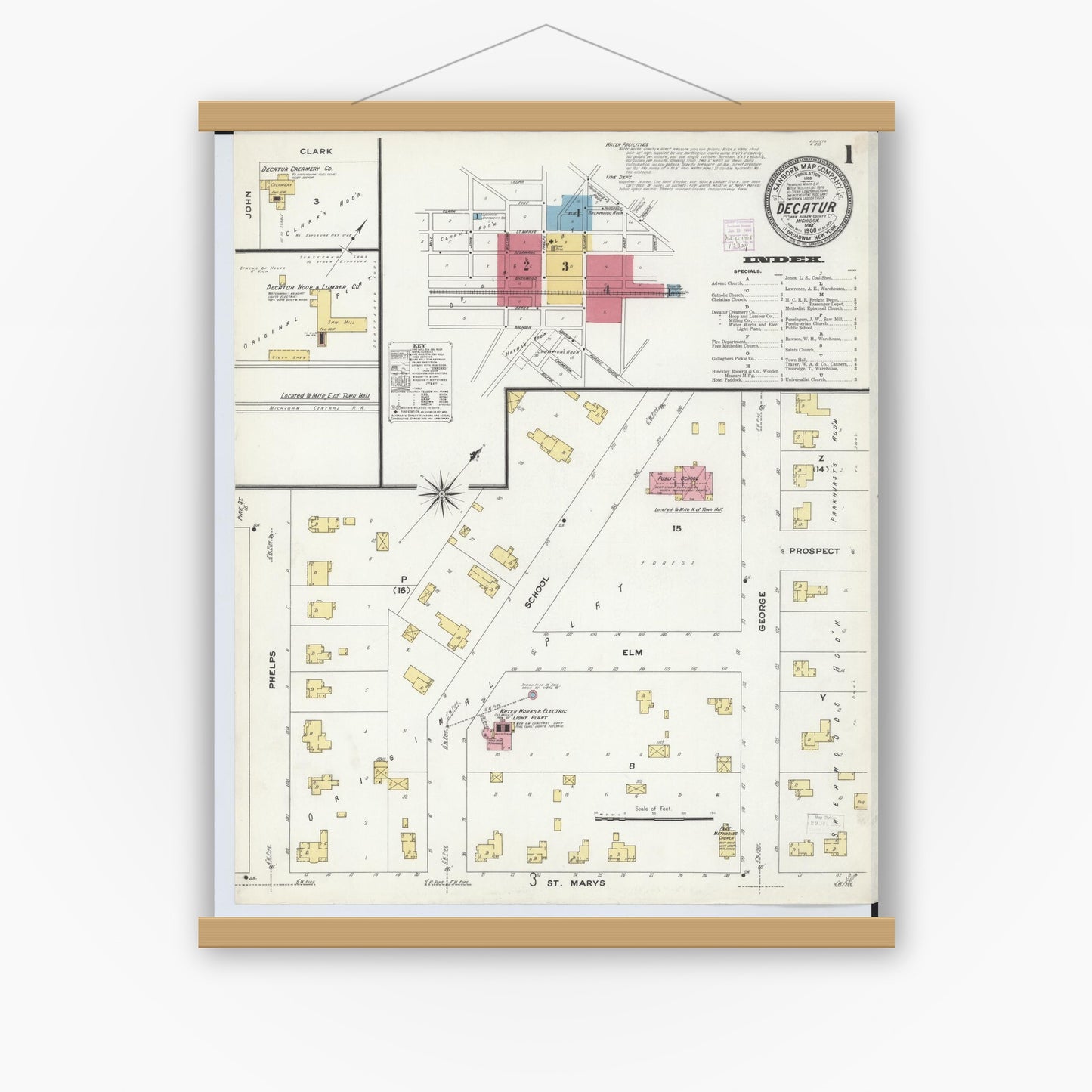 Old map wall art mockup — magnetic wood frame on white wall — Sanborn Fire Insurance Map from Decatur, Van Buren County, Michigan (1908) - Complete Map Set