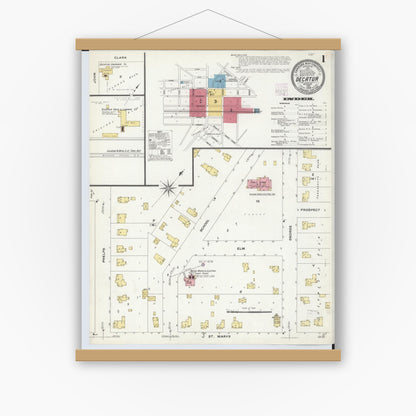Old map wall art mockup — magnetic wood frame on white wall — Sanborn Fire Insurance Map from Decatur, Van Buren County, Michigan (1908) - Complete Map Set