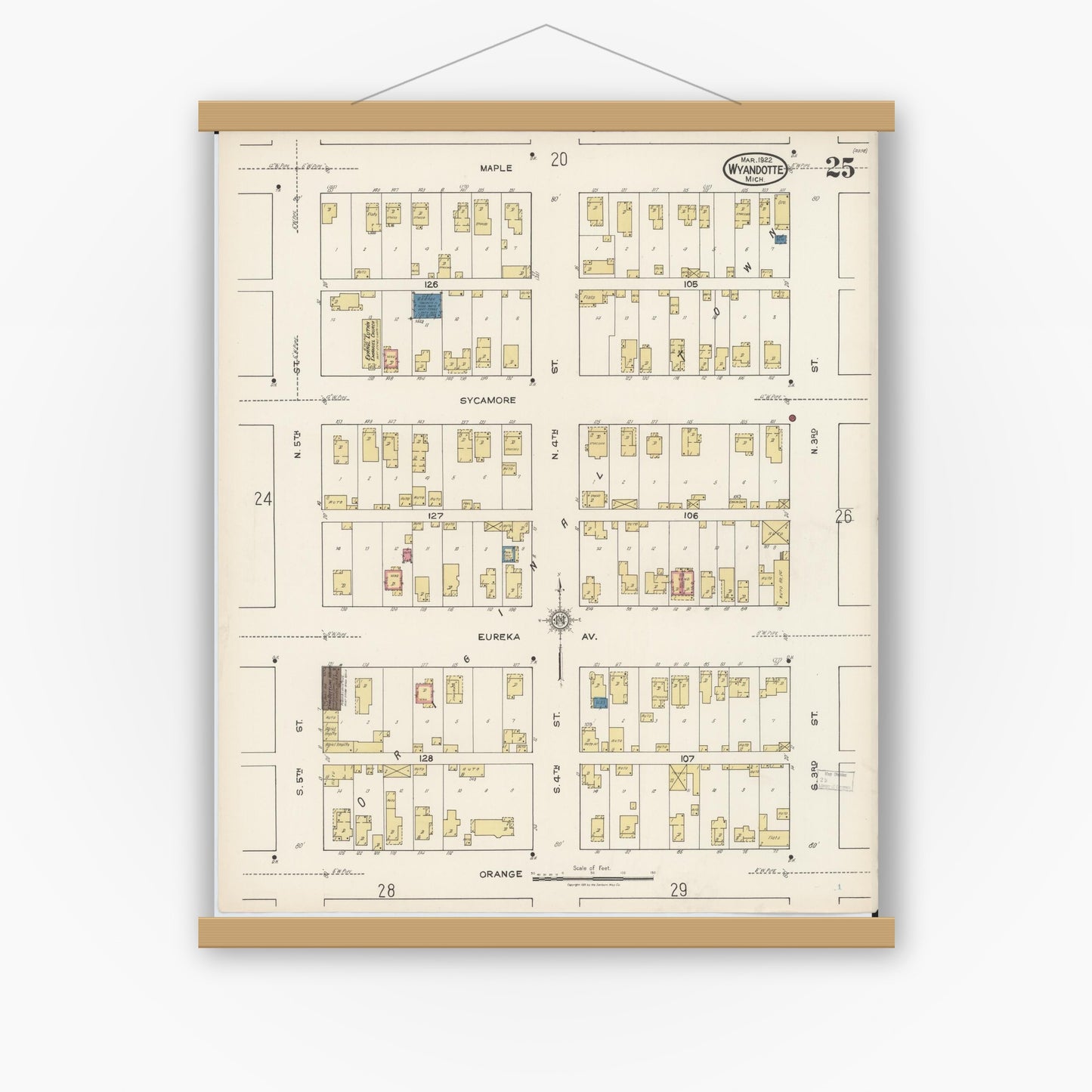 Old map wall art mockup — magnetic wood frame on white wall — Sanborn Fire Insurance Map from Wyandotte, Wayne County, Michigan (1922), Sheet #0025