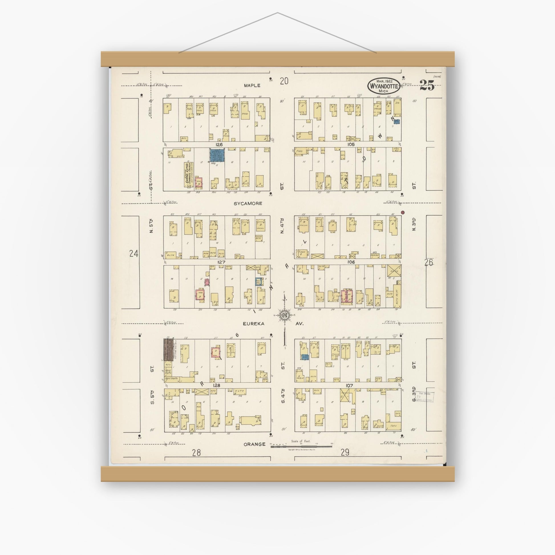 Old map wall art mockup — magnetic wood frame on white wall — Sanborn Fire Insurance Map from Wyandotte, Wayne County, Michigan (1922), Sheet #0025