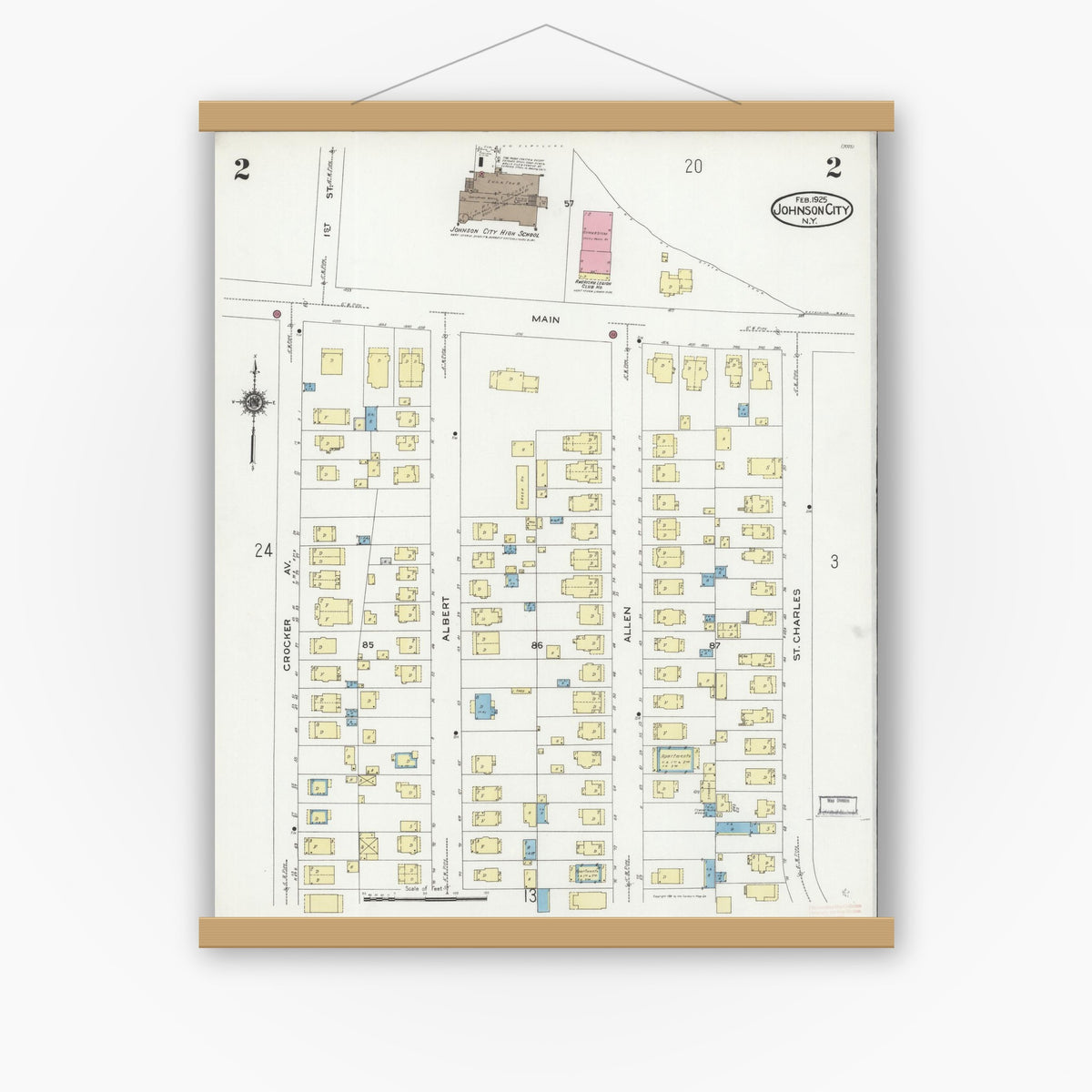 Old map wall art mockup — magnetic wood frame on white wall — Sanborn Fire Insurance Map from Johnson City, Broome County, New York (1925) - Complete Map Set