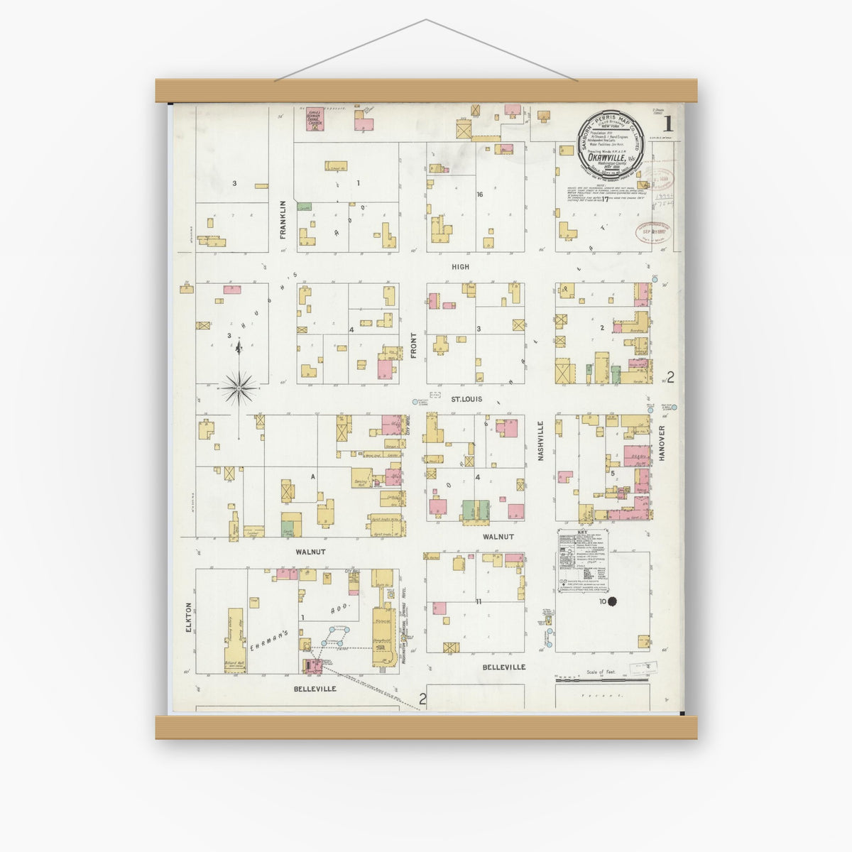 Old map wall art mockup — magnetic wood frame on white wall — Sanborn Fire Insurance Map from Okawville, Washington County, Illinois (1899) - Complete Map Set