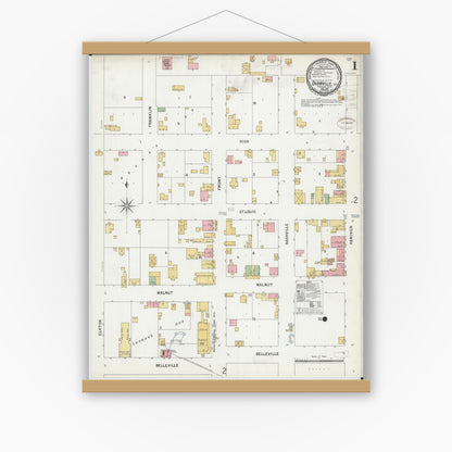 Old map wall art mockup — magnetic wood frame on white wall — Sanborn Fire Insurance Map from Okawville, Washington County, Illinois (1899) - Complete Map Set