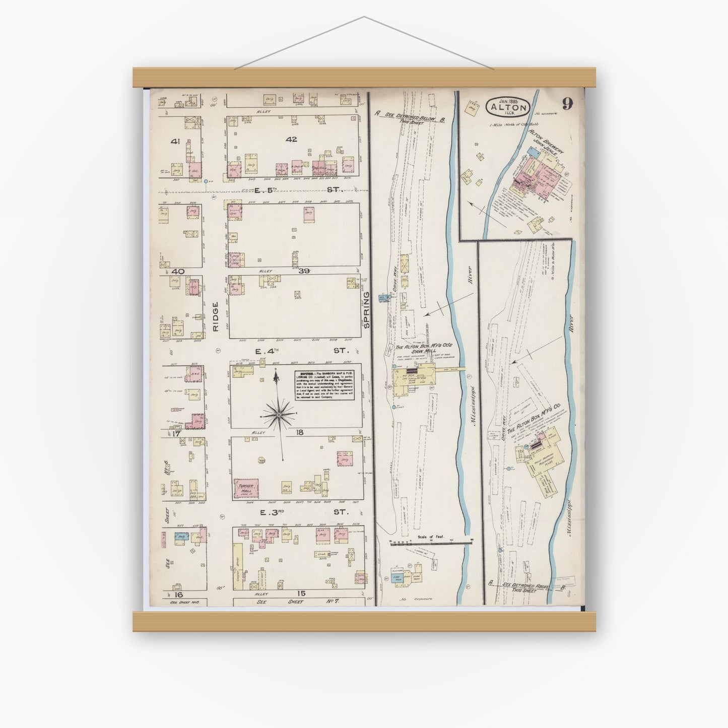 Old map wall art mockup — magnetic wood frame on white wall — Sanborn Fire Insurance Map from Alton, Madison County, Illinois (1885), Sheet #0009