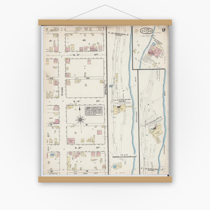 Old map wall art mockup — magnetic wood frame on white wall — Sanborn Fire Insurance Map from Alton, Madison County, Illinois (1885), Sheet #0009