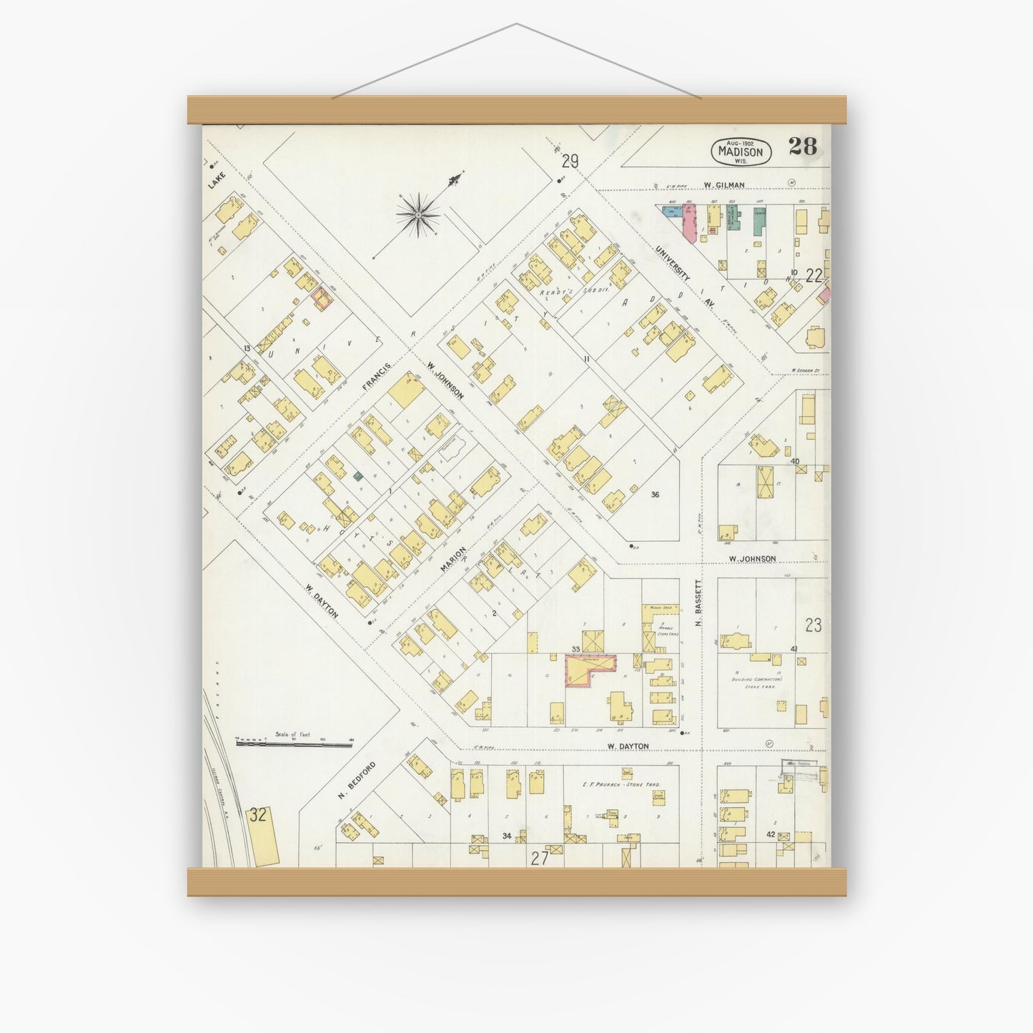 Old map wall art mockup — magnetic wood frame on white wall — Sanborn Fire Insurance Map from Madison, Dane County, Wisconsin (1902), Sheet #0028