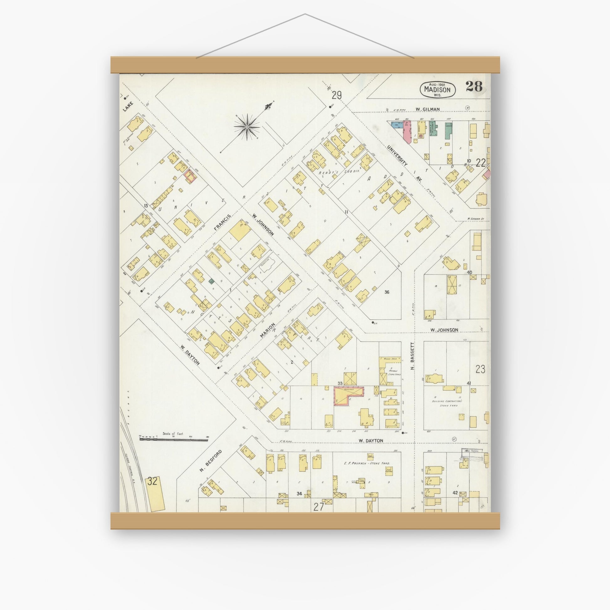 Old map wall art mockup — magnetic wood frame on white wall — Sanborn Fire Insurance Map from Madison, Dane County, Wisconsin (1902), Sheet #0028