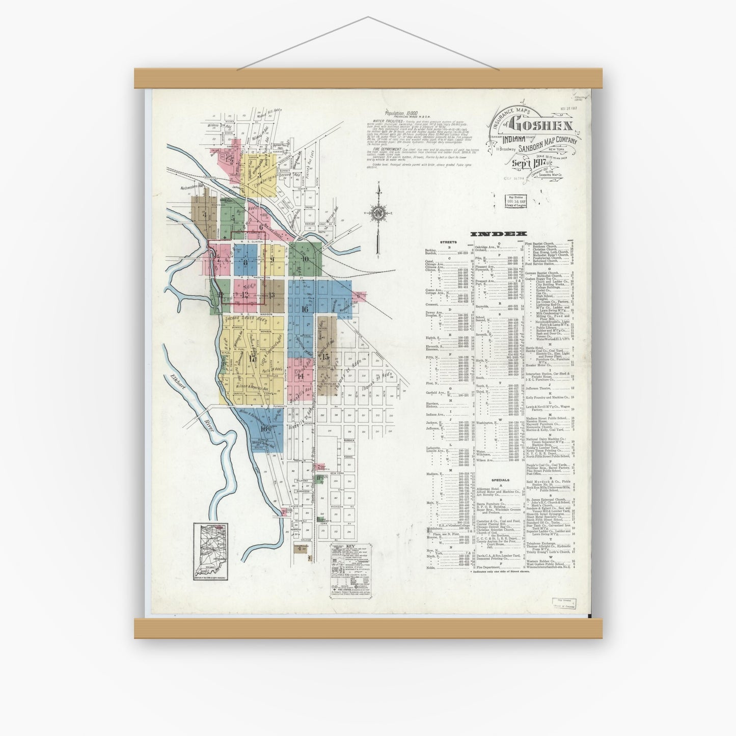Old map wall art mockup — magnetic wood frame on white wall — Sanborn Fire Insurance Map from Goshen, Elkhart County, Indiana (1917) - Complete Map Set