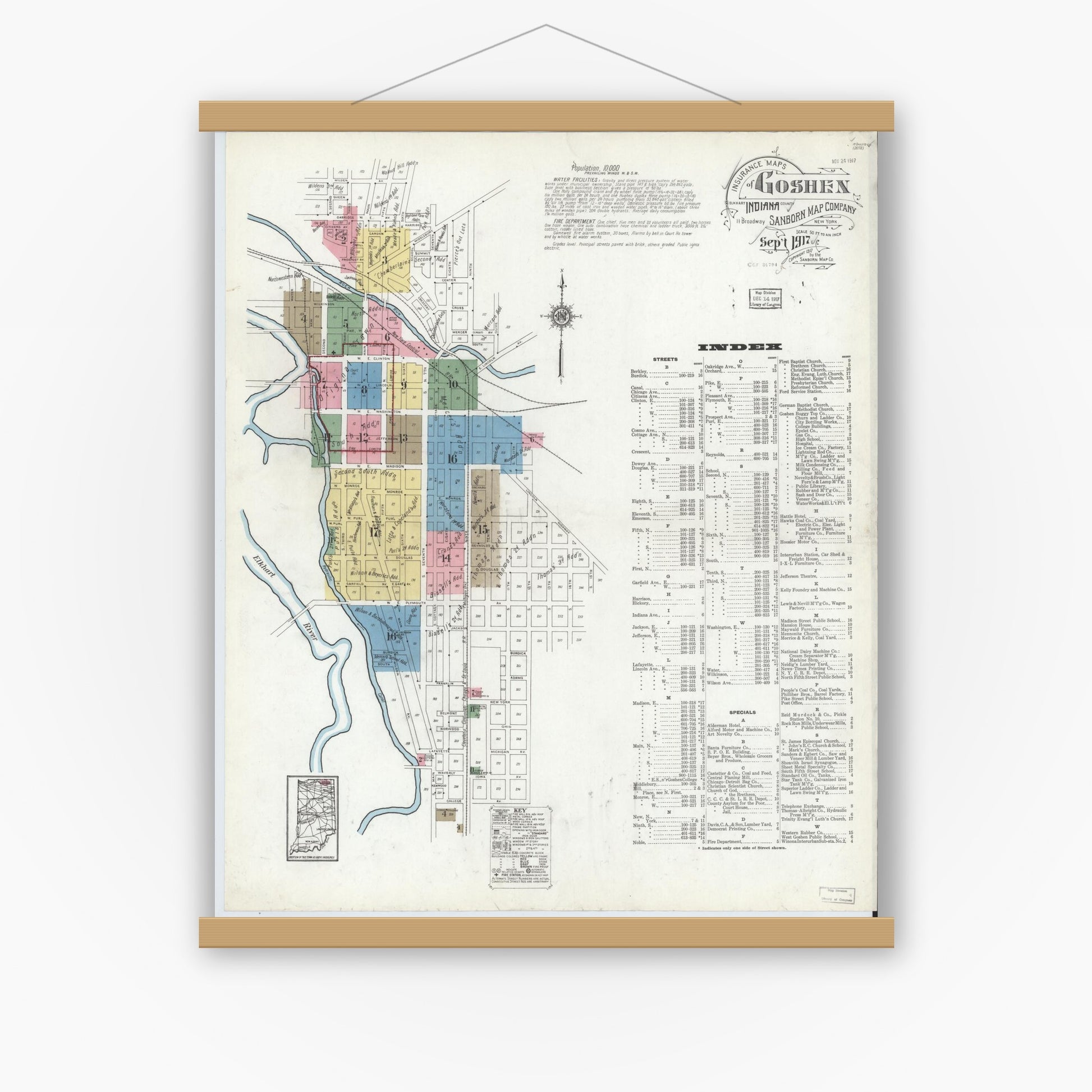 Old map wall art mockup — magnetic wood frame on white wall — Sanborn Fire Insurance Map from Goshen, Elkhart County, Indiana (1917) - Complete Map Set