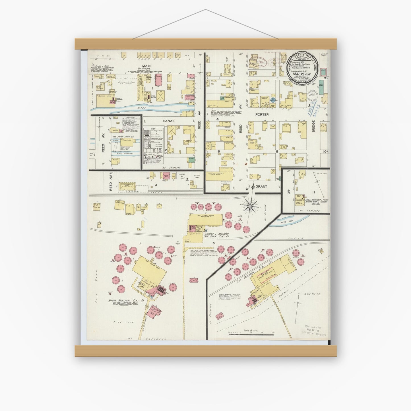 Old map wall art mockup — magnetic wood frame on white wall — Sanborn Fire Insurance Map from Malvern, Carroll County, Ohio (1899), Sheet #0001