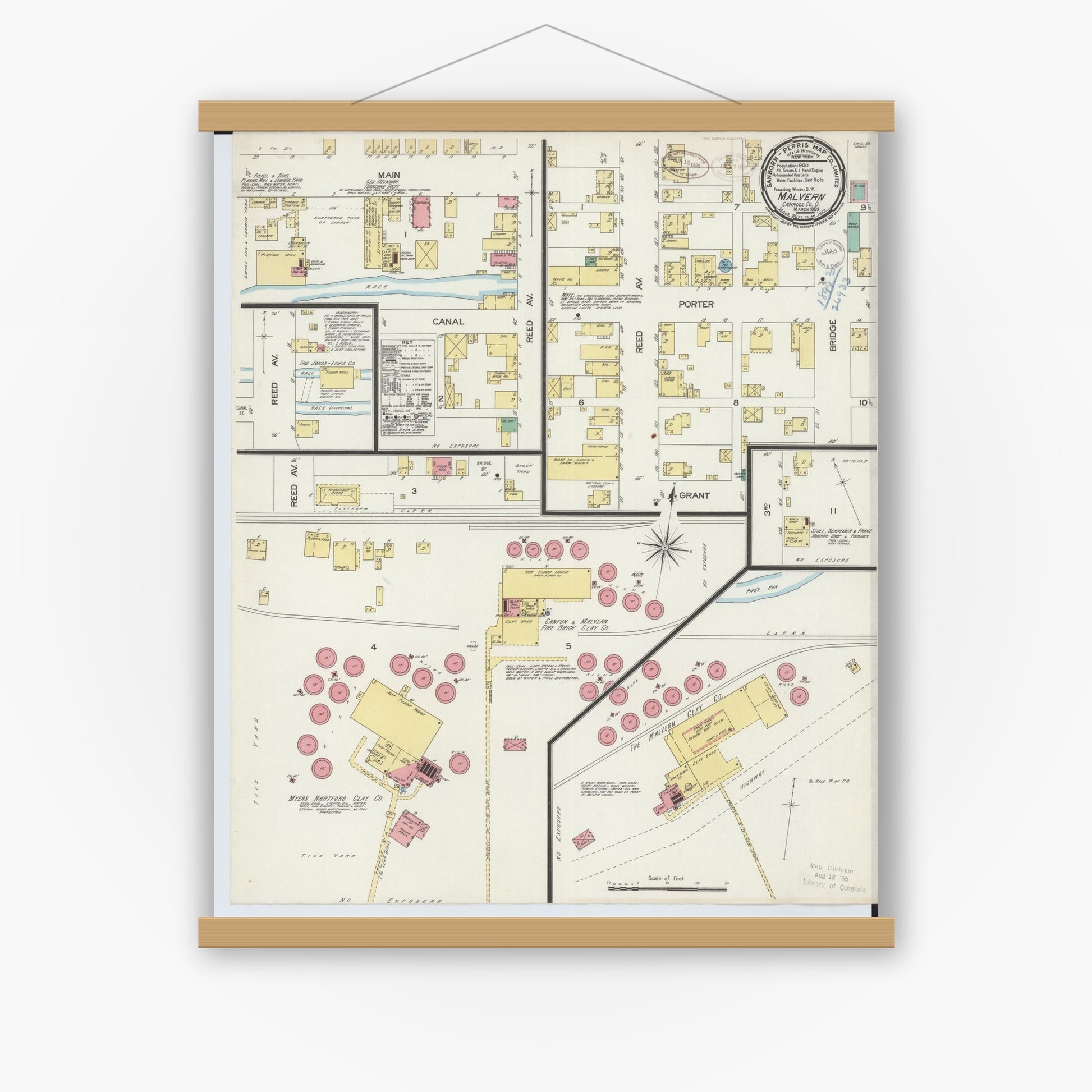 Old map wall art mockup — magnetic wood frame on white wall — Sanborn Fire Insurance Map from Malvern, Carroll County, Ohio (1899), Sheet #0001