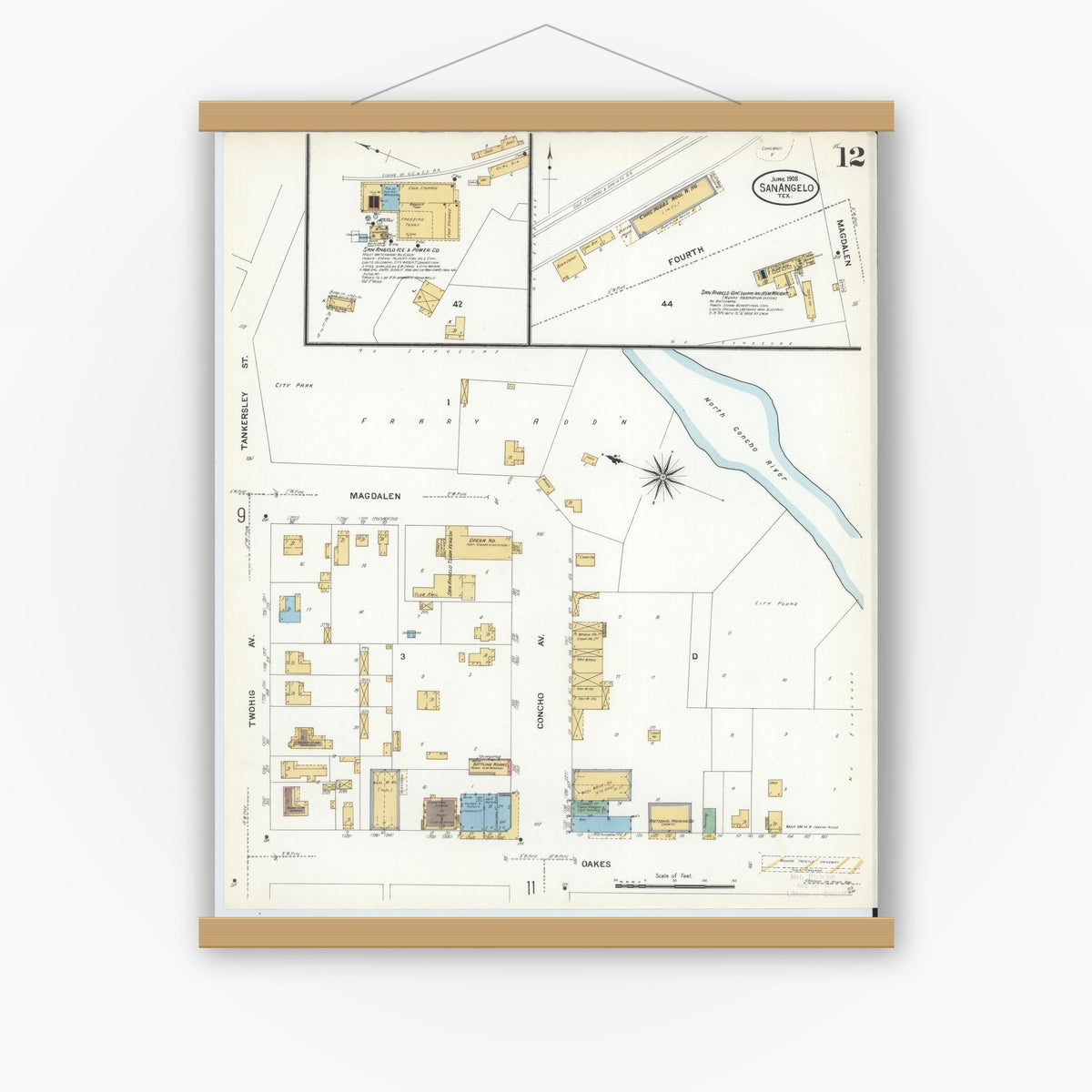 Old map wall art mockup — magnetic wood frame on white wall — Sanborn Fire Insurance Map from San Angelo, Tom Green County, Texas (1908), Sheet #0012