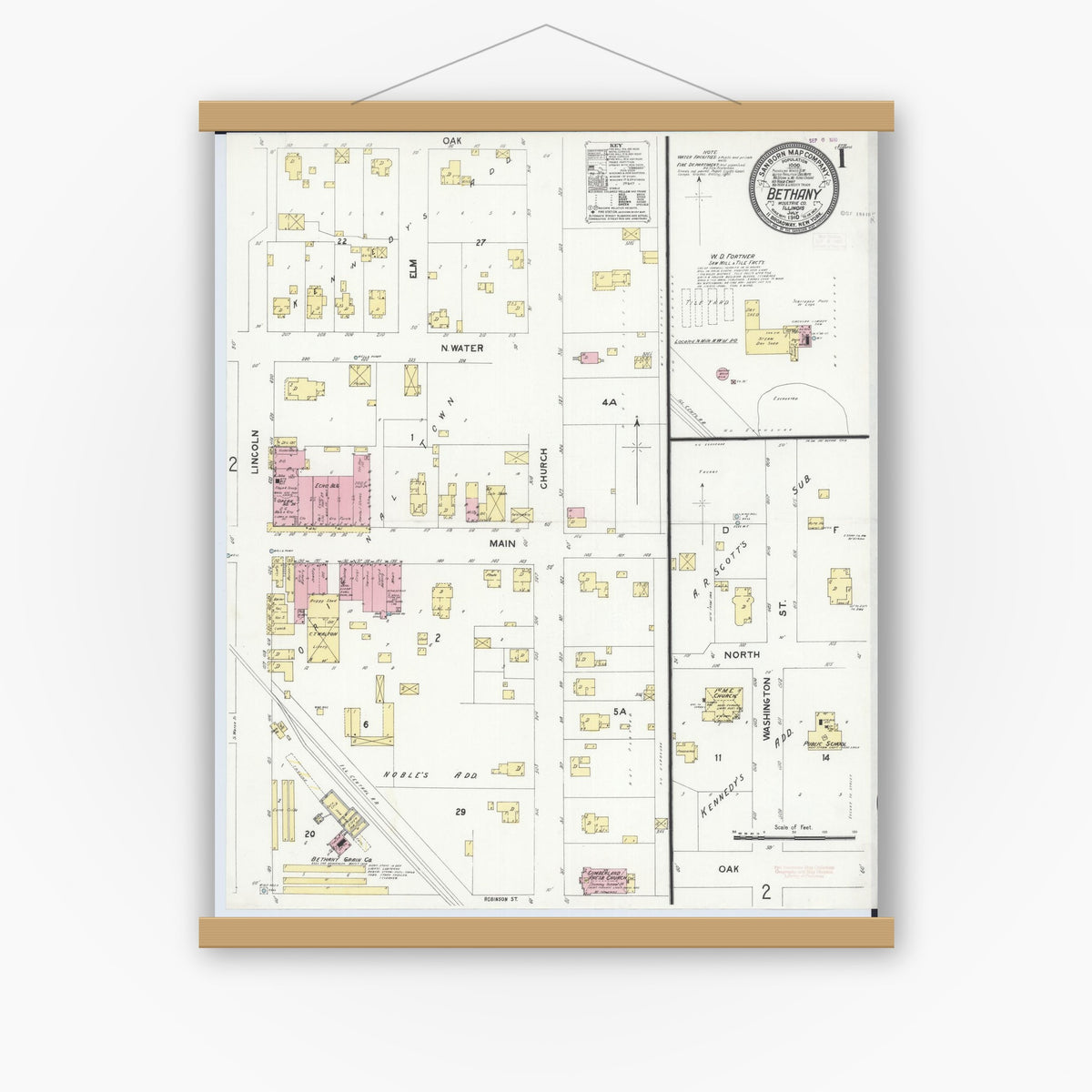 Old map wall art mockup — magnetic wood frame on white wall — Sanborn Fire Insurance Map from Bethany, Moultrie County, Illinois (1910) - Complete Map Set