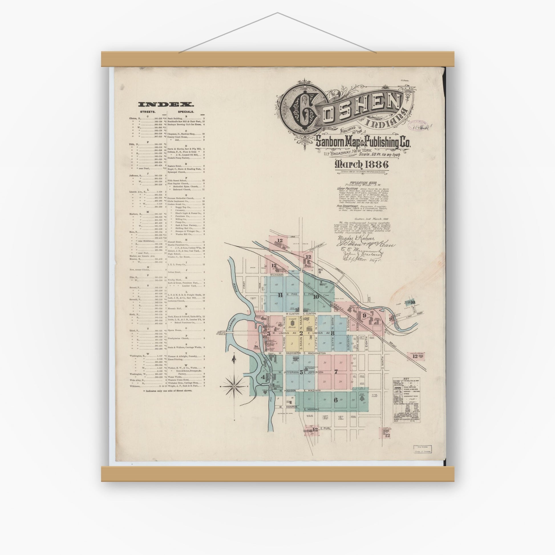 Old map wall art mockup — magnetic wood frame on white wall — Sanborn Fire Insurance Map from Goshen, Elkhart County, Indiana (1886) - Complete Map Set