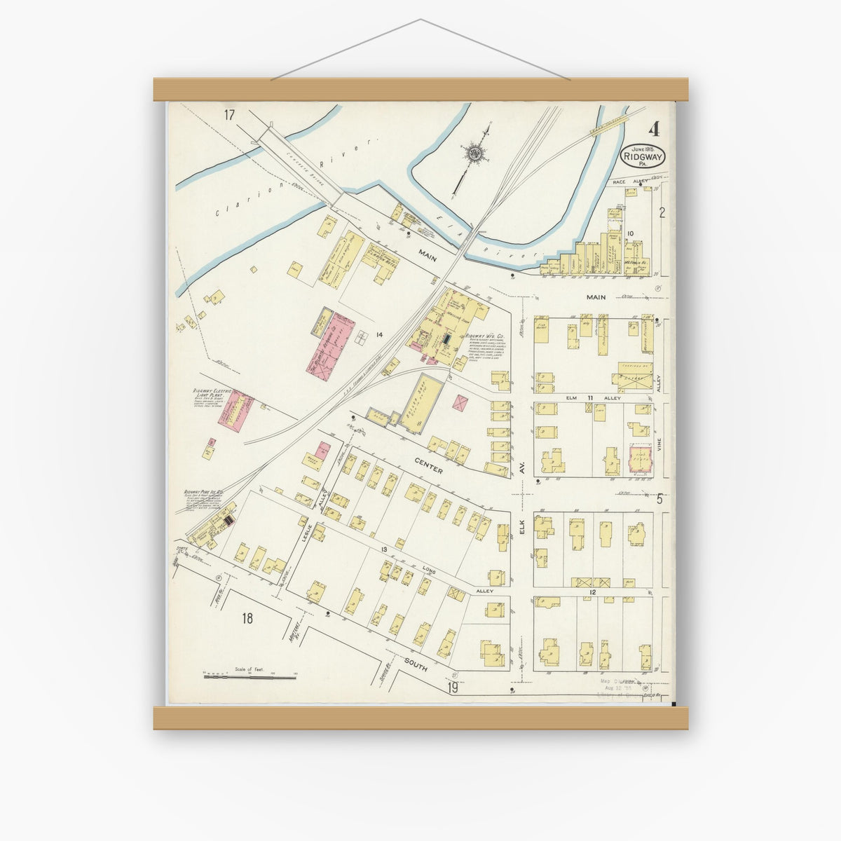 Old map wall art mockup — magnetic wood frame on white wall — Sanborn Fire Insurance Map from Ridgway, Elk County, Pennsylvania (1915), Sheet #0004