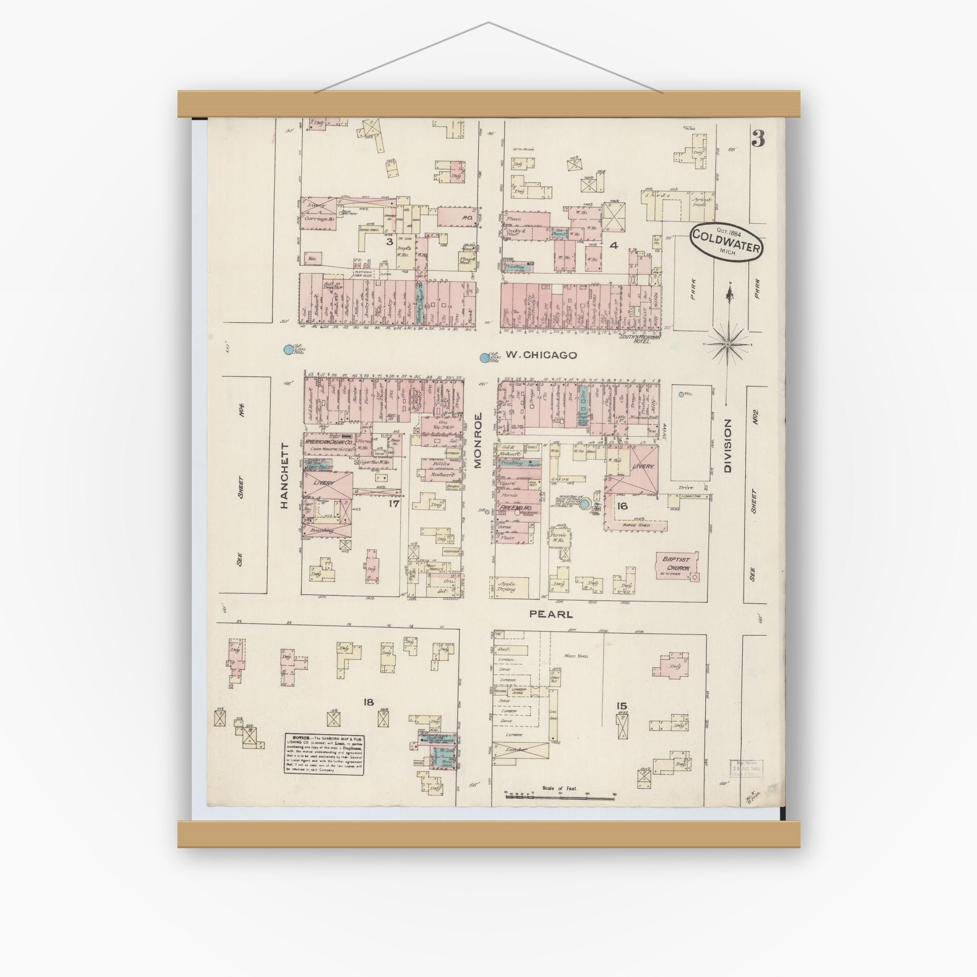 Old map wall art mockup — magnetic wood frame on white wall — Sanborn Fire Insurance Map from Coldwater, Branch County, Michigan (1884), Sheet #0003