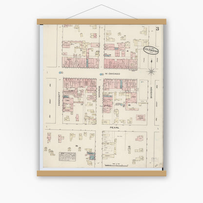 Old map wall art mockup — magnetic wood frame on white wall — Sanborn Fire Insurance Map from Coldwater, Branch County, Michigan (1884), Sheet #0003