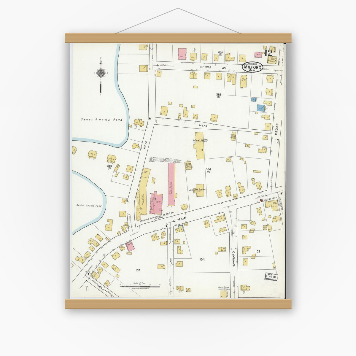 Old map wall art mockup — magnetic wood frame on white wall — Sanborn Fire Insurance Map from Milford, Worcester County, Massachusetts (1920), Sheet #0012
