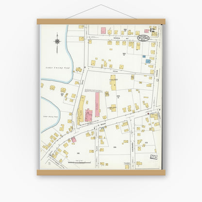 Old map wall art mockup — magnetic wood frame on white wall — Sanborn Fire Insurance Map from Milford, Worcester County, Massachusetts (1920), Sheet #0012