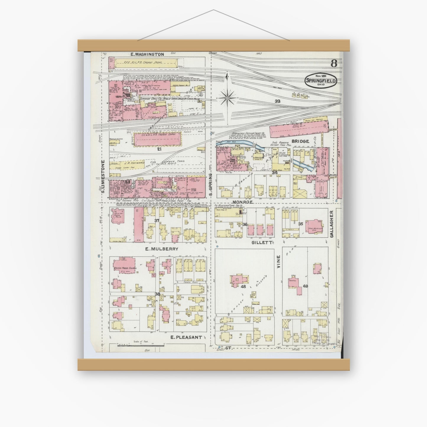 Old map wall art mockup — magnetic wood frame on white wall — Sanborn Fire Insurance Map from Springfield, Clark County, Ohio (1891), Sheet #0008