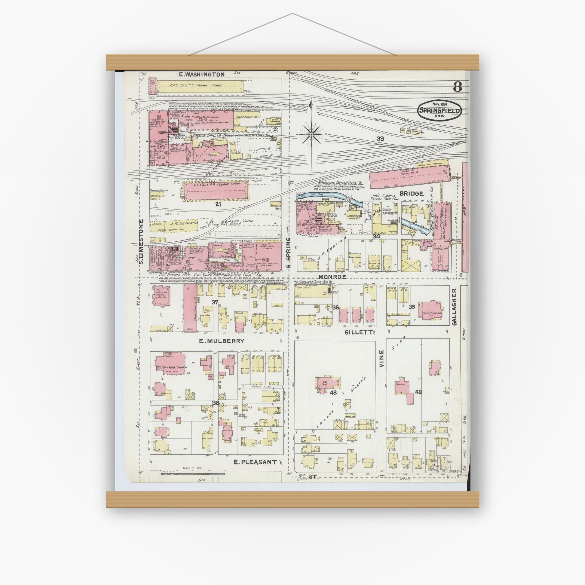 Old map wall art mockup — magnetic wood frame on white wall — Sanborn Fire Insurance Map from Springfield, Clark County, Ohio (1891), Sheet #0008