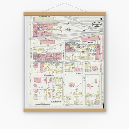 Old map wall art mockup — magnetic wood frame on white wall — Sanborn Fire Insurance Map from Springfield, Clark County, Ohio (1891), Sheet #0008