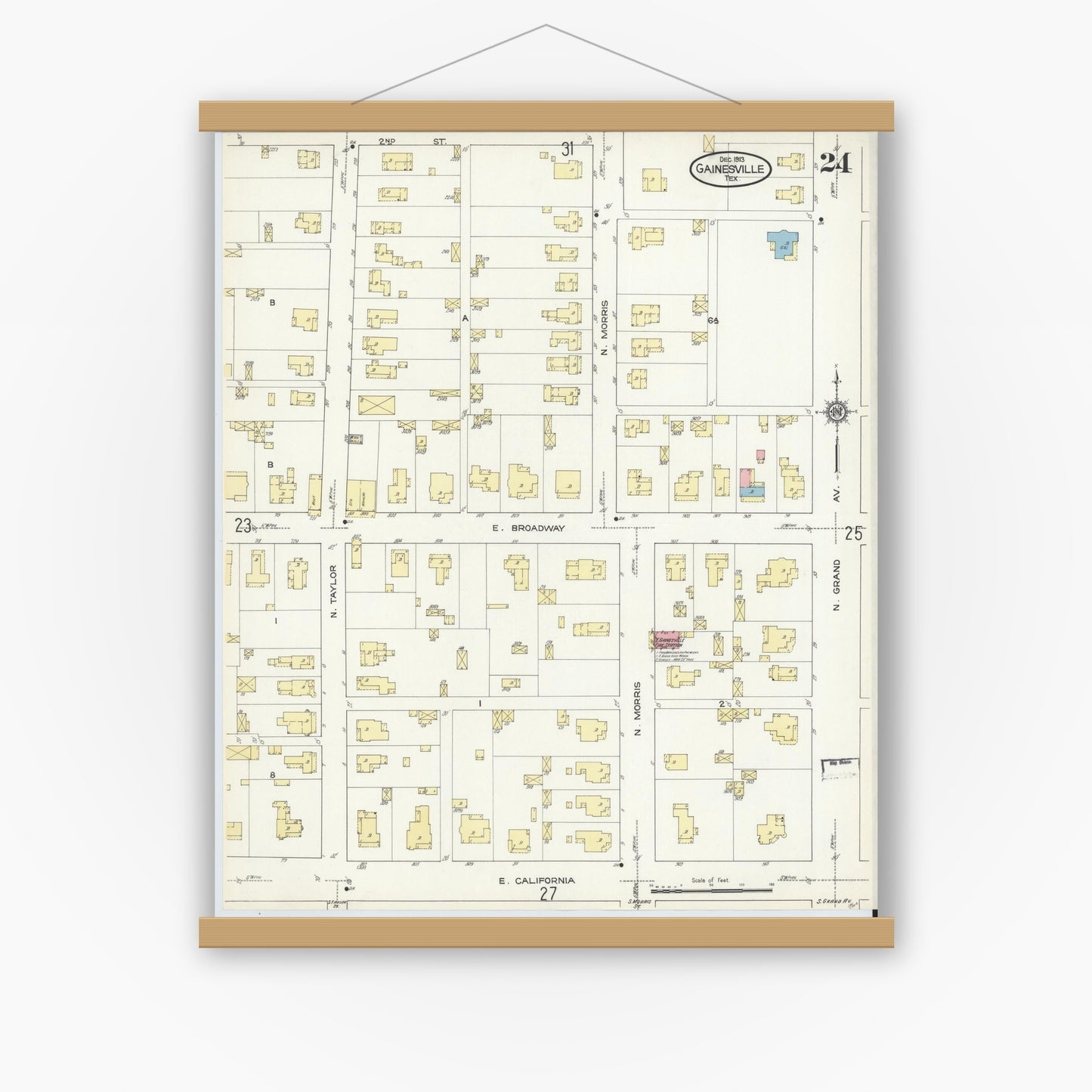 Old map wall art mockup — magnetic wood frame on white wall — Sanborn Fire Insurance Map from Gainesville, Cooke County, Texas (1913), Sheet #0024