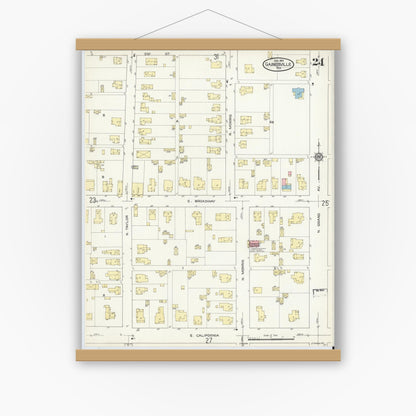 Old map wall art mockup — magnetic wood frame on white wall — Sanborn Fire Insurance Map from Gainesville, Cooke County, Texas (1913), Sheet #0024