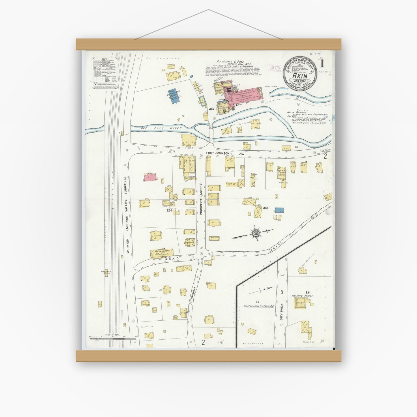 Old map wall art mockup — magnetic wood frame on white wall — Sanborn Fire Insurance Map from Akin, Montgomery County, New York (1911), Sheet #0001