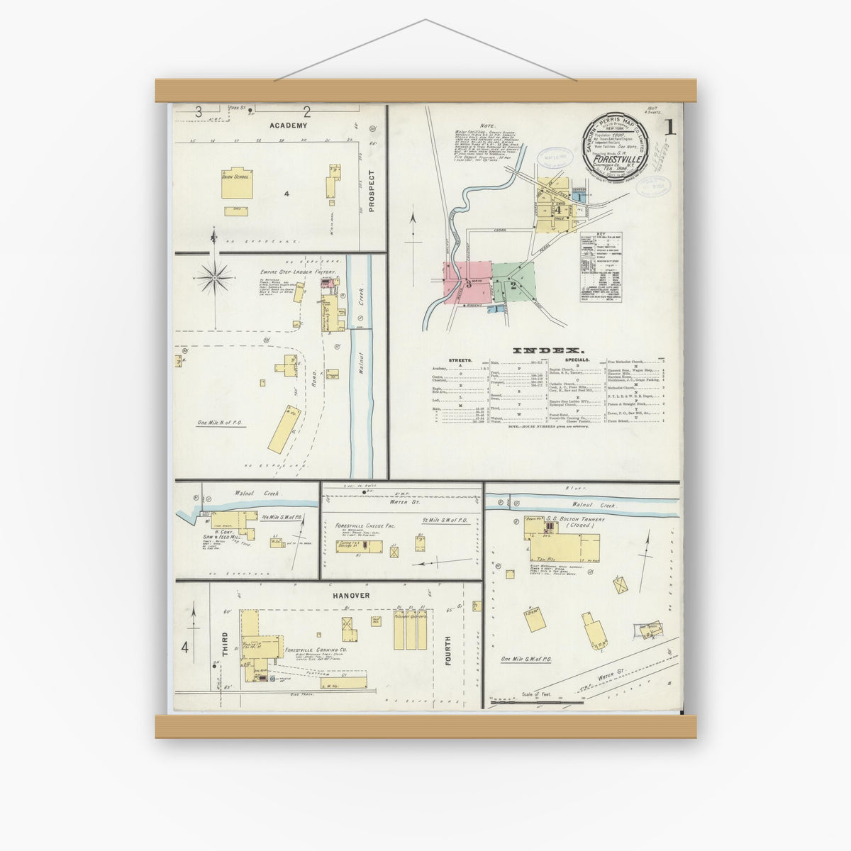 Old map wall art mockup — magnetic wood frame on white wall — Sanborn Fire Insurance Map from Forestville, Chautauqua County, New York (1898), Sheet #0001