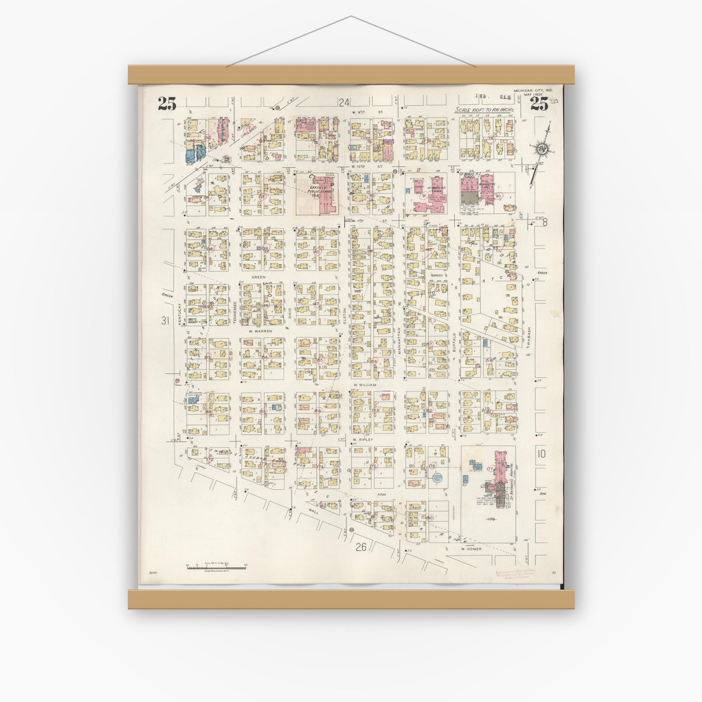 Old map wall art mockup — magnetic wood frame on white wall — Sanborn Fire Insurance Map from Michigan City, La Porte County, Indiana (1948), Sheet #0025