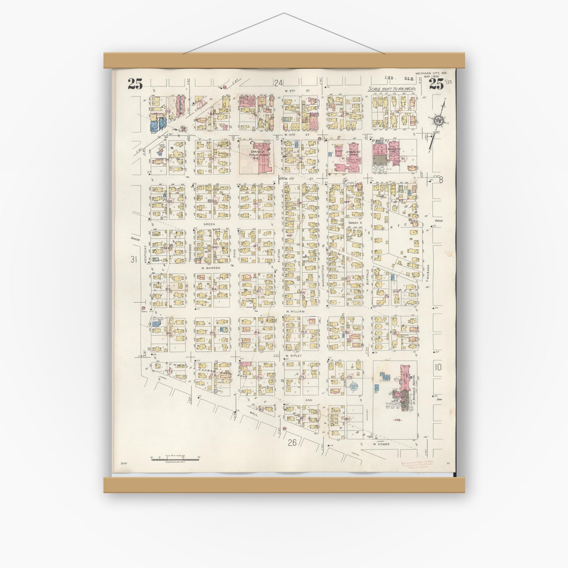 Old map wall art mockup — magnetic wood frame on white wall — Sanborn Fire Insurance Map from Michigan City, La Porte County, Indiana (1948), Sheet #0025