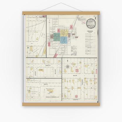 Old map wall art mockup — magnetic wood frame on white wall — Sanborn Fire Insurance Map from Mount Olive, Macoupin County, Illinois (1894) - Complete Map Set
