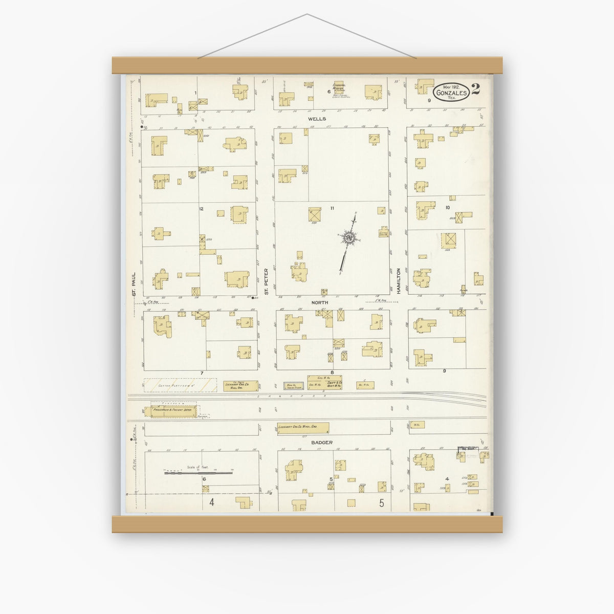 Old map wall art mockup — magnetic wood frame on white wall — Sanborn Fire Insurance Map from Gonzales, Gonzales County, Texas (1912), Sheet #0002