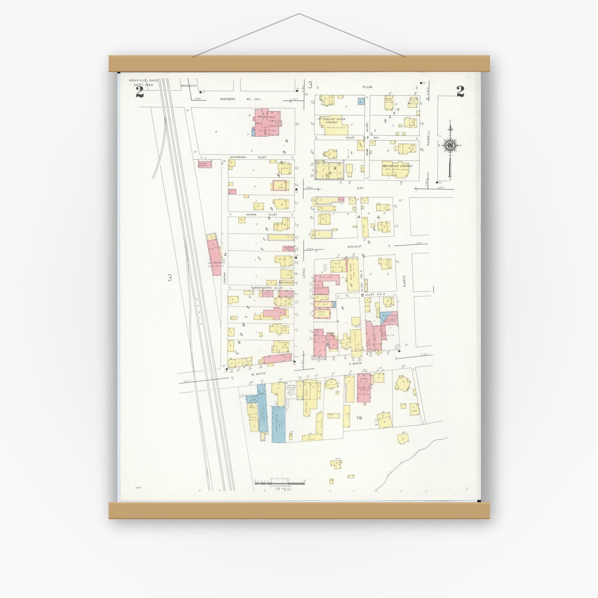Old map wall art mockup — magnetic wood frame on white wall — Sanborn Fire Insurance Map from Ashville, Pickaway County, Ohio (1940), Sheet #0002