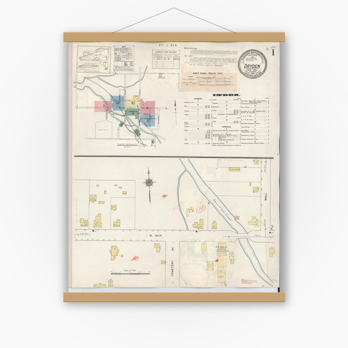 Old map wall art mockup — magnetic wood frame on white wall — Sanborn Fire Insurance Map from Dryden, Tompkins County, New York (1937) - Complete Map Set