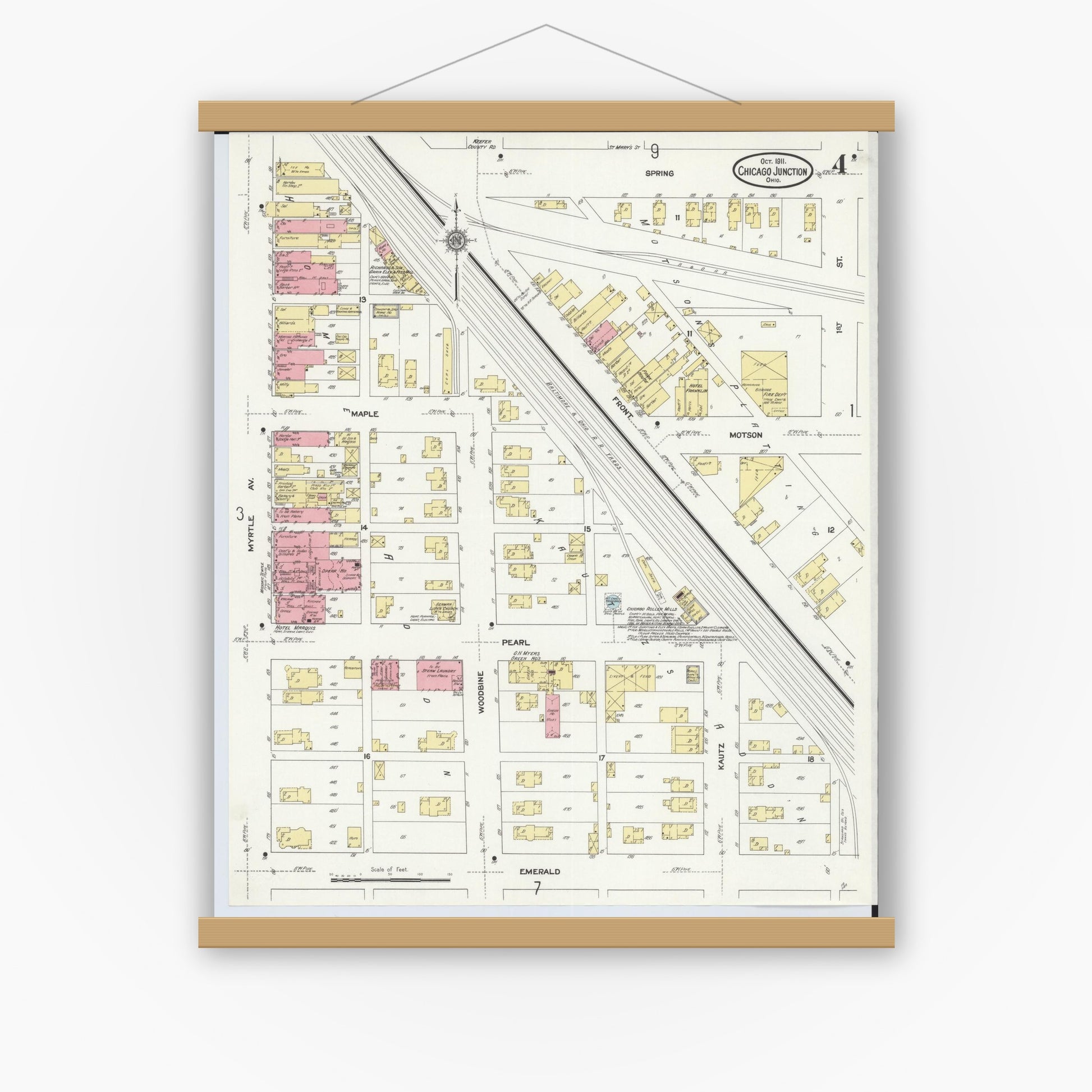 Old map wall art mockup — magnetic wood frame on white wall — Sanborn Fire Insurance Map from Chicago Junction, Huron County, Ohio (1911), Sheet #0004