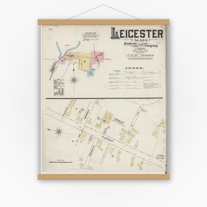 Old map wall art mockup — magnetic wood frame on white wall — Sanborn Fire Insurance Map from Leicester, Worcester County, Massachusetts (1888), Sheet #0001