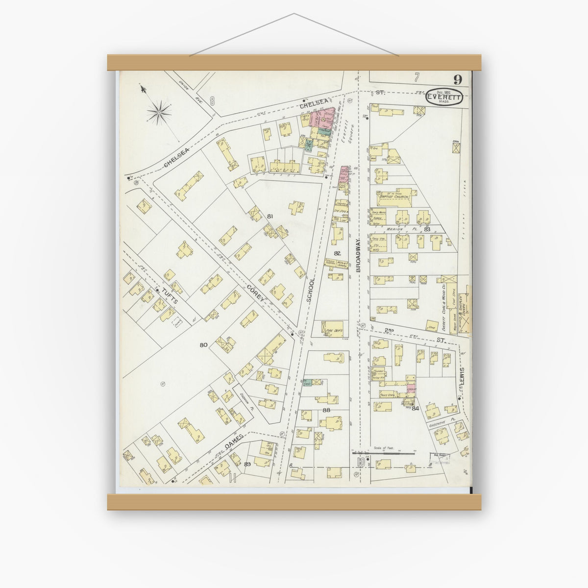 Old map wall art mockup — magnetic wood frame on white wall — Sanborn Fire Insurance Map from Everett, Middlesex County, Massachusetts (1892), Sheet #0009