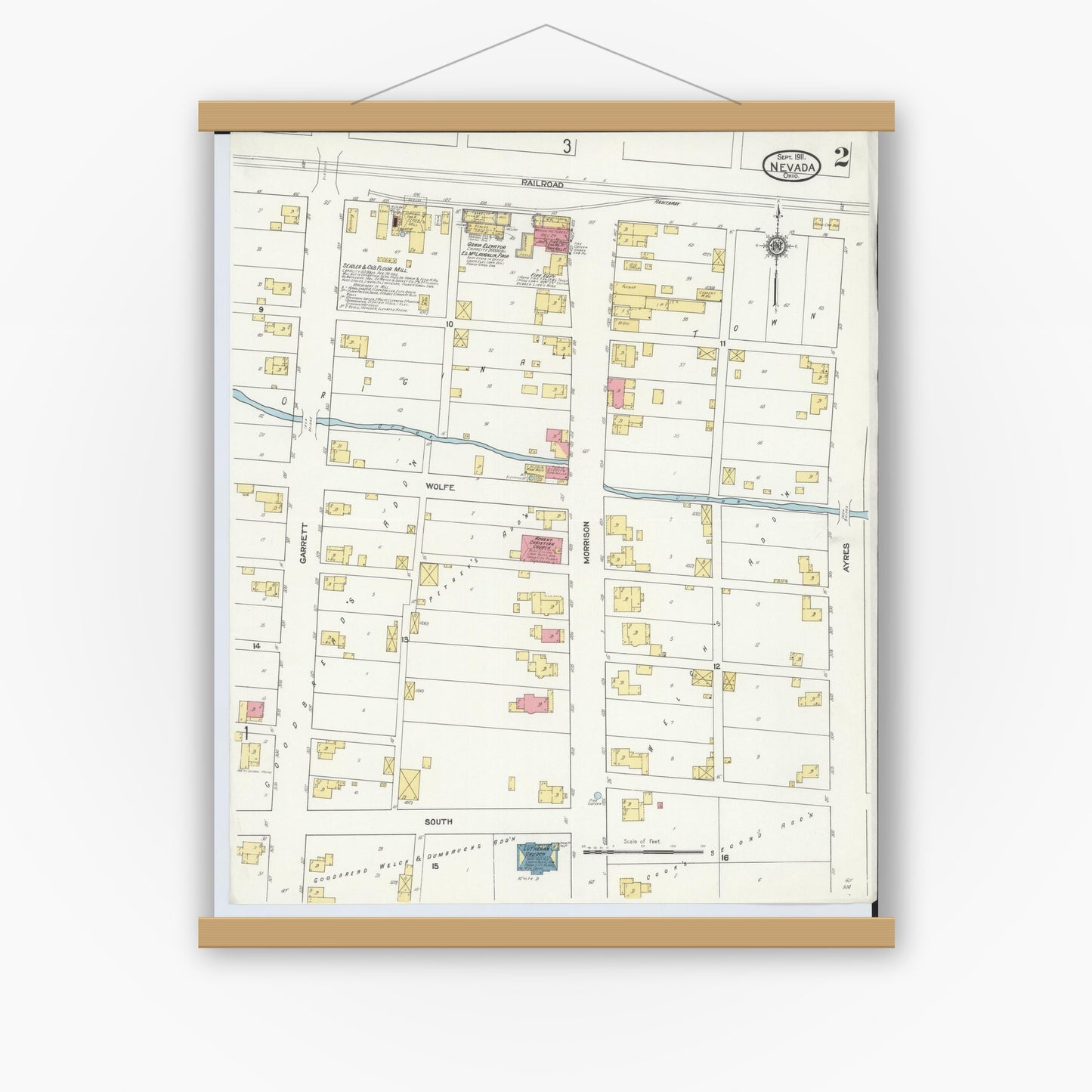 Old map wall art mockup — magnetic wood frame on white wall — Sanborn Fire Insurance Map from Nevada, Wyandot County, Ohio (1911), Sheet #0002