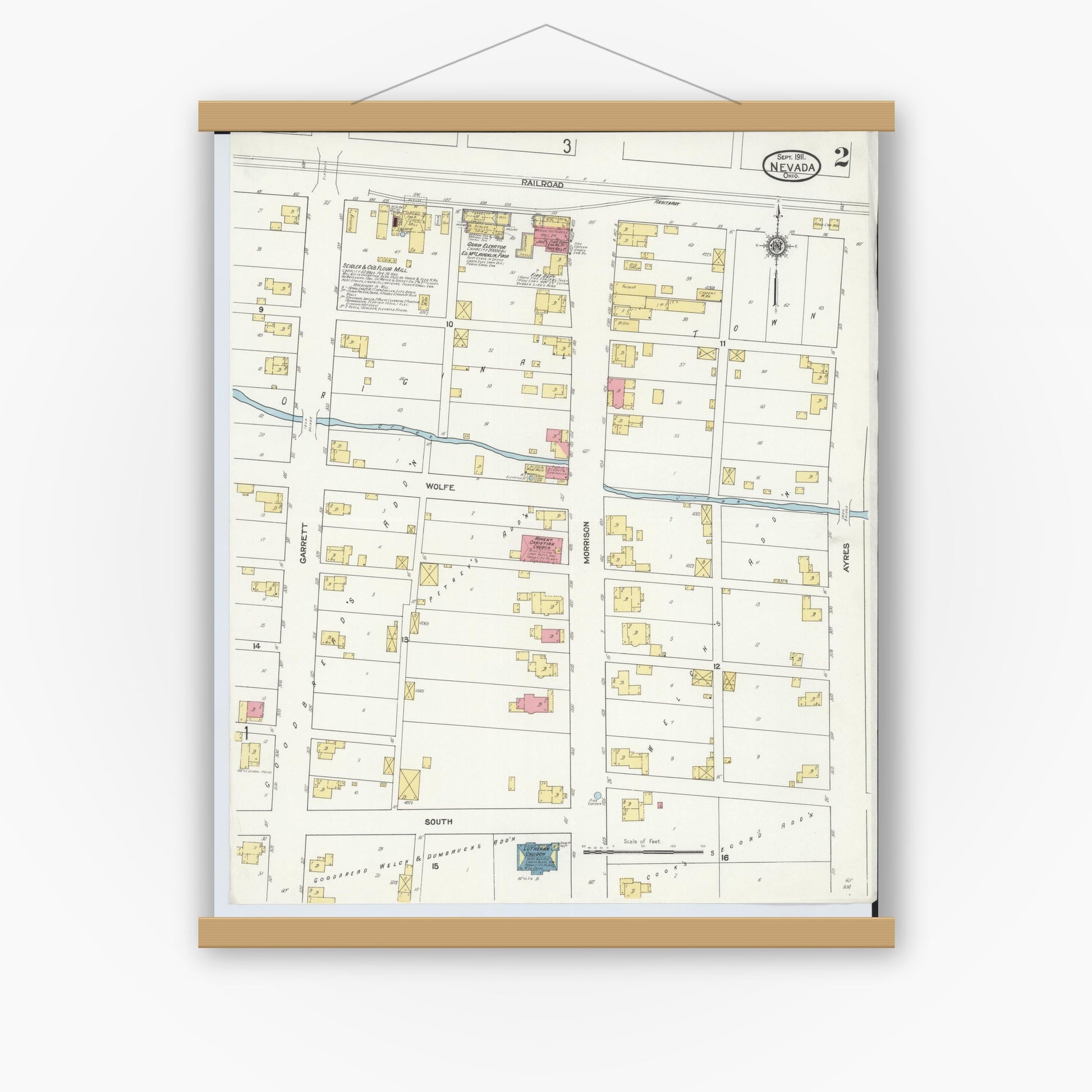 Old map wall art mockup — magnetic wood frame on white wall — Sanborn Fire Insurance Map from Nevada, Wyandot County, Ohio (1911), Sheet #0002