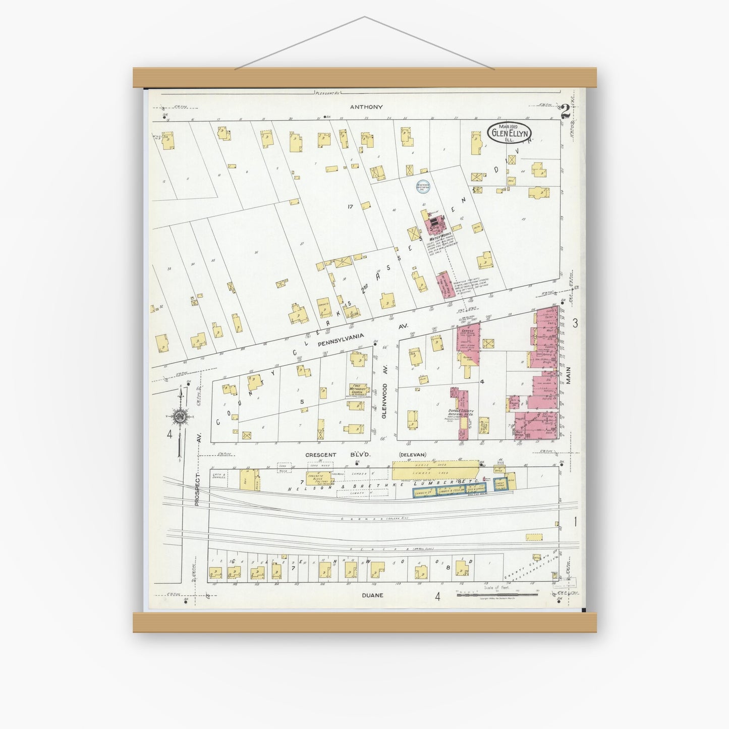 Old map wall art mockup — magnetic wood frame on white wall — Sanborn Fire Insurance Map from Glen Ellyn, Du Page County, Illinois (1919), Sheet #0002