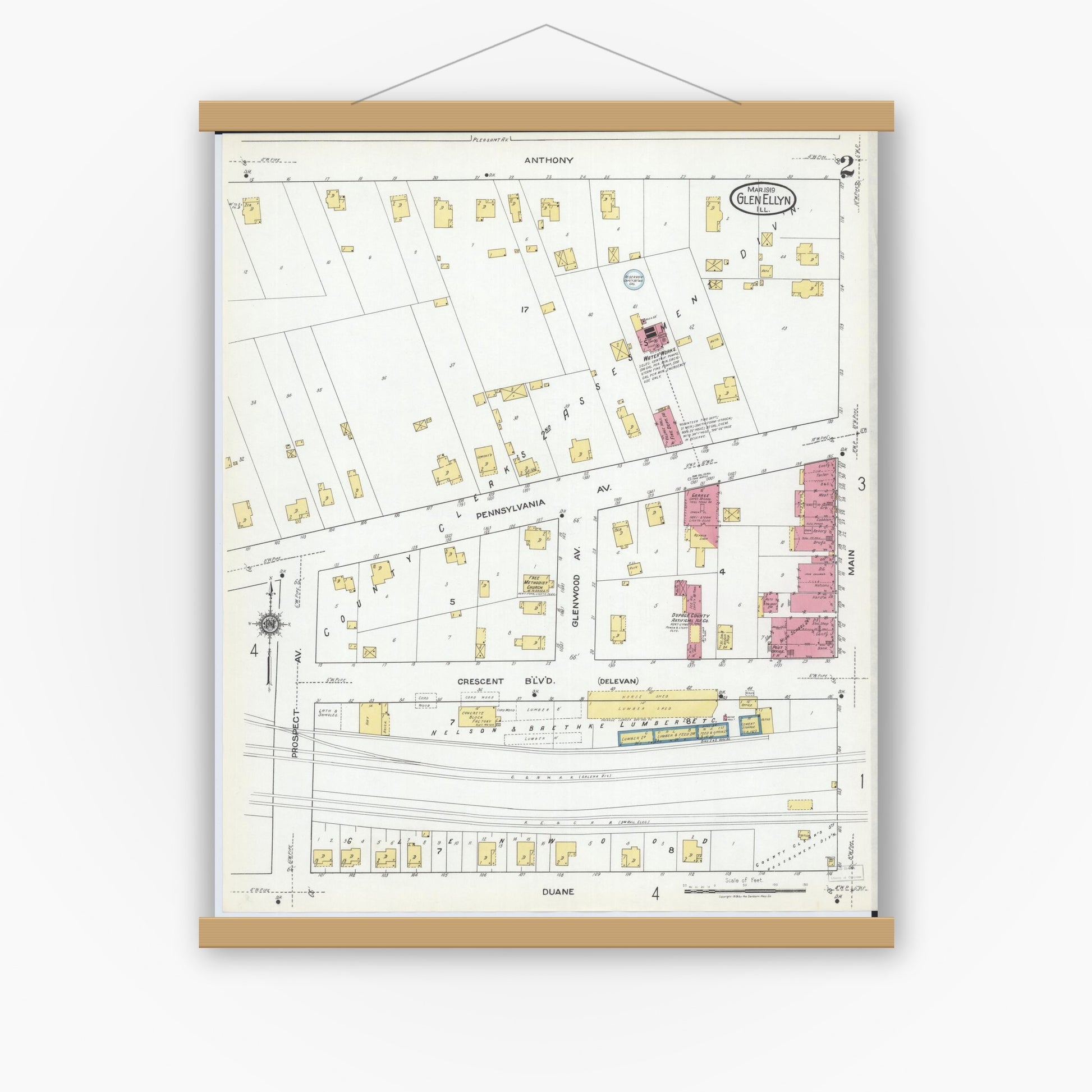 Old map wall art mockup — magnetic wood frame on white wall — Sanborn Fire Insurance Map from Glen Ellyn, Du Page County, Illinois (1919), Sheet #0002