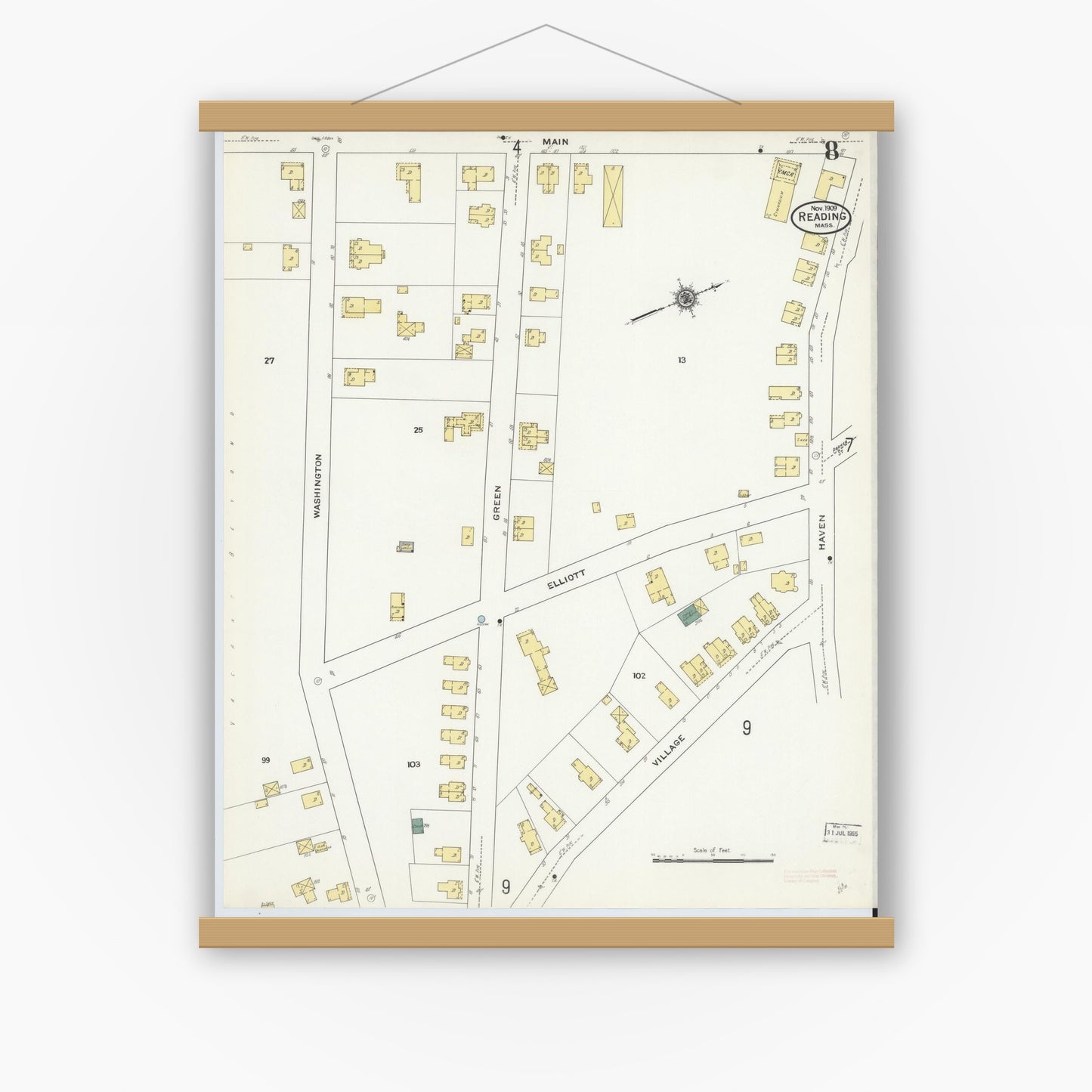 Old map wall art mockup — magnetic wood frame on white wall — Sanborn Fire Insurance Map from Reading, Middlesex County, Massachusetts (1909), Sheet #0008
