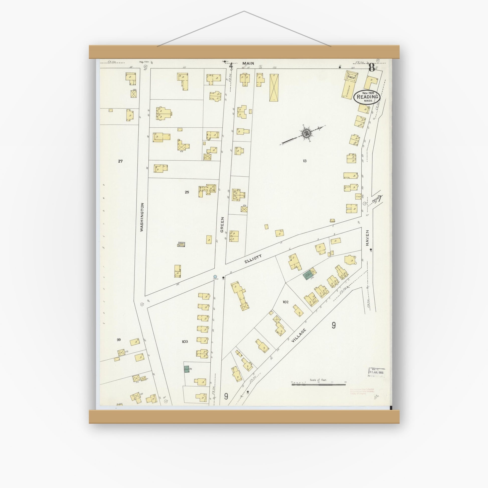 Old map wall art mockup — magnetic wood frame on white wall — Sanborn Fire Insurance Map from Reading, Middlesex County, Massachusetts (1909), Sheet #0008